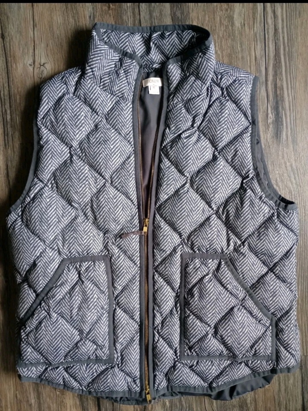J. Crew Womens Black/White Herringbone Sz XL Down Puffer Vest Sporty Chic Preppy